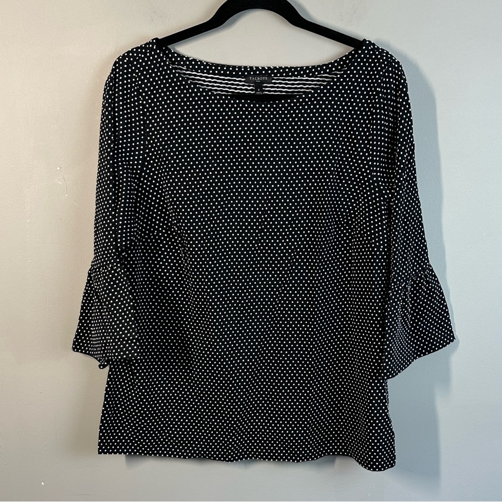 NWT Talbots Womens Black White Swiss Polka Dot 3/4 Bell Sleeve Top Size X Office